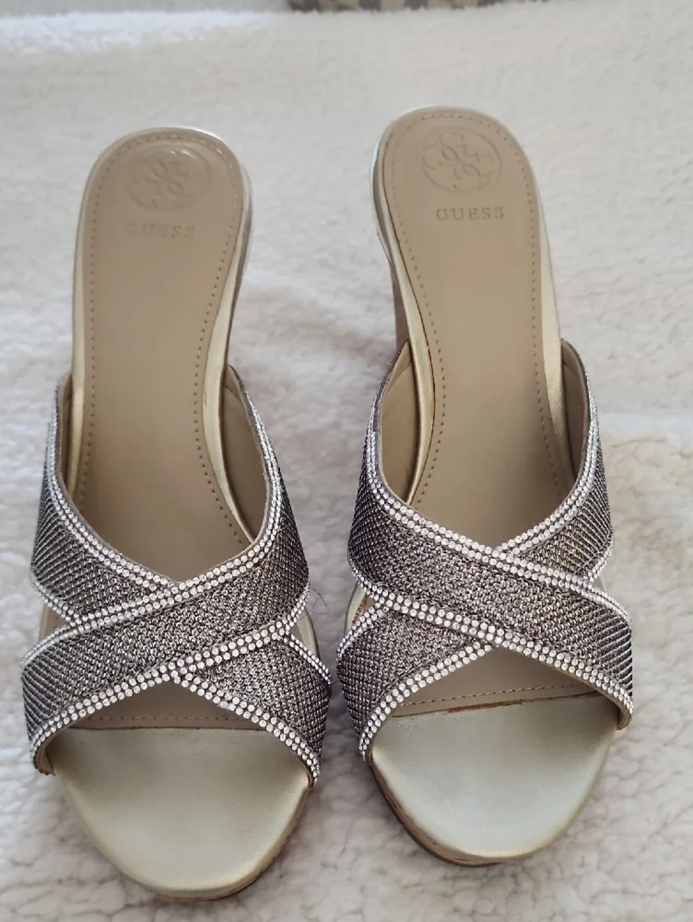 GUESS Metallic Taupe Crystal-Trim Cork Wedge Sandals